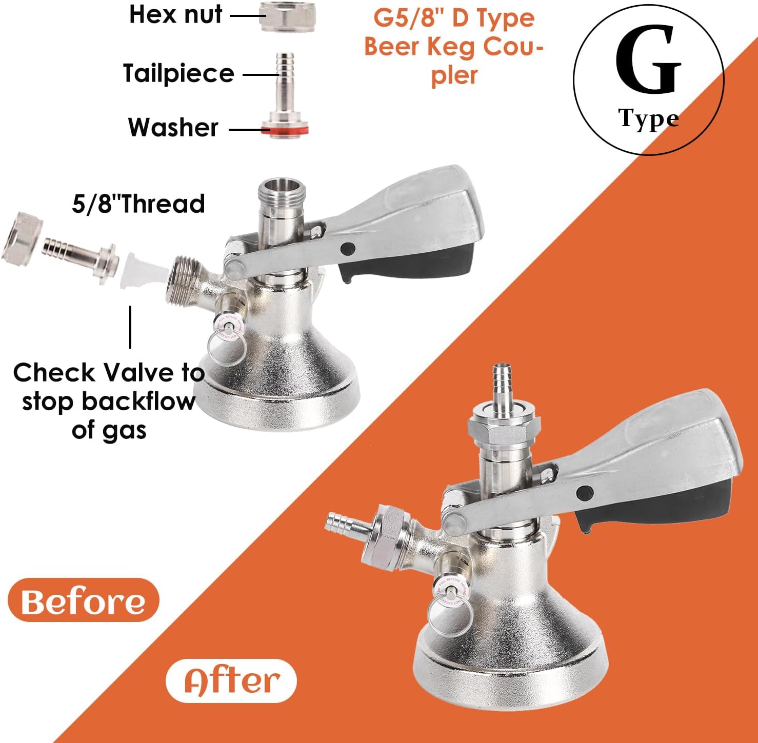 Tissting Keg Coupler G5/8 G Type Stainless Steel Beer Tap Dispenser with Safety Pressure Relief Valve, Draft Beer Kegerator for Home Brewing System