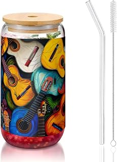Vasos de cristal de color acústico y guitarras con tapas de bambú y popotes, taza de café, tazas en forma de lata, vasos, cócteles, transparentes