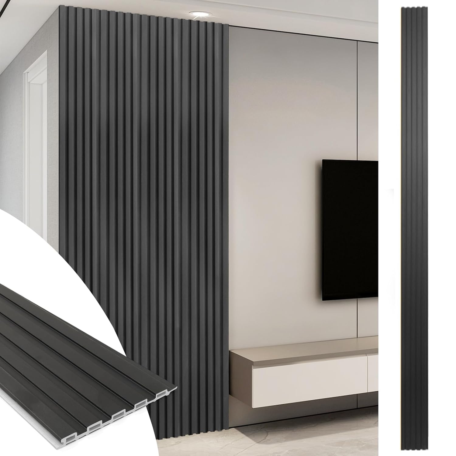 Art3d WPC Slat Wall Panels, 8-Pack 108 x 6 Inch 3D Wall Accents for Interior Wall Decor, Living Room, Bedroom, Black 108" * 6" Black 8