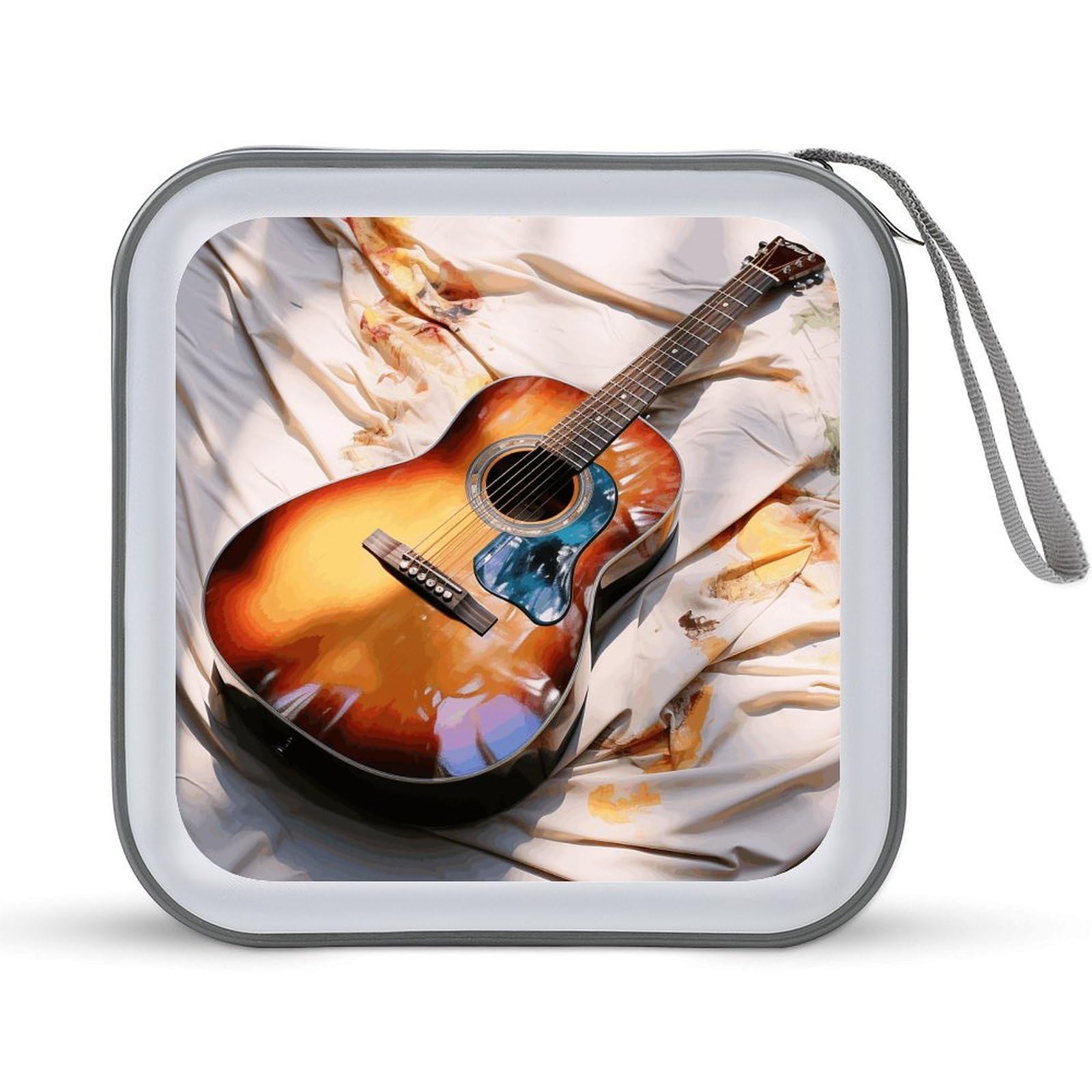 VstaDank 40 Capacity Watercolor Acoustic Guitar CD Case Protective DVD Case Zipper Portable CD Collection Bag DVD Box Holder with Handle for Movie Blu-ray Audio Disc Music
