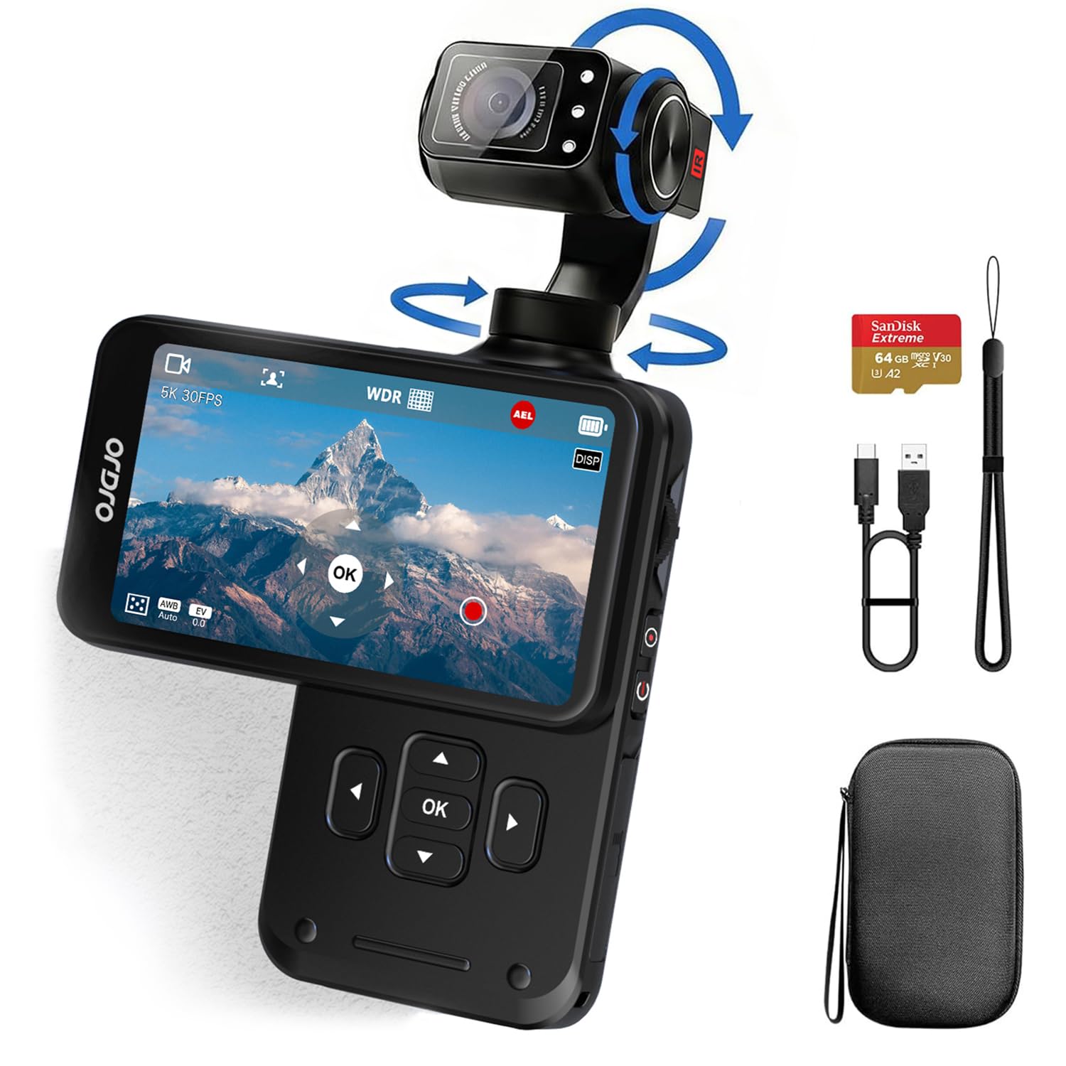 ORDRO M5 5K - Fotocamera da Vlogging con Stabilizzatore a 3 assi, angolo ultra ampio di 120°, visione notturna a infrarossi, schermo IPS girevole da 3,5", piccola videocamera da Vlog con scheda SD da