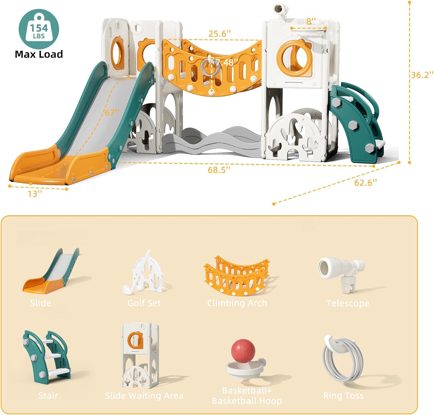 Toddler Playground Playset with Climbing Arch, Golf Set, Slide & Basketball Hoop - Outdoor Toys, Safe & Durable Plastic Garden Equipment​ (Green Yellow, Without Swing)