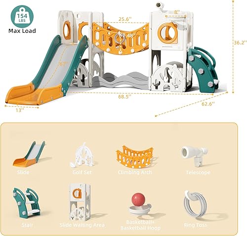 Miniatura 6 de Juego de parque infantil con arco de escalada, juego de golf, tobogán y aro de baloncesto, juguetes para exteriores, equipo de jardín de plástico