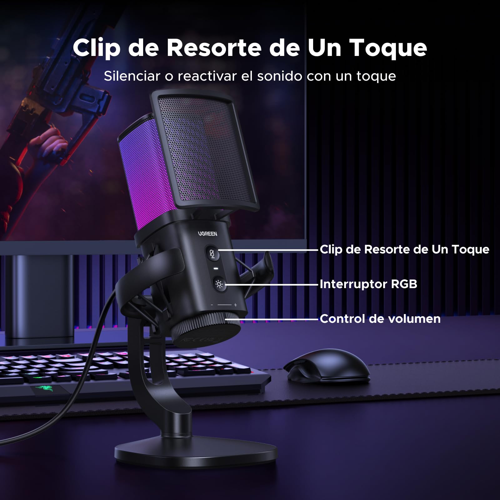 UGREEN Micrófono para Juegos USB con Efectos de Iluminación RGB | 96 KHz 24 Bits Reducción de Ruido DSP Para Grabación Juegos Transmisión en Vivo Podcasts Compatible con PS5 PS4 Portátiles