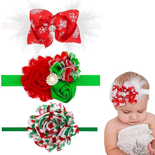 Paquete de 3 diademas de Navidad para bebé, banda elástica con lazo de plumas, para bebé recién nacido