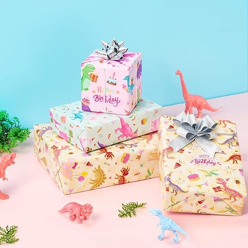 Miniatura 3 de Rollos de papel de regalo de dinosaurios navideños  3 rollos de papel de regalo de dinosaurio rosa de 17 x 120 pulgadas, rollos de papel de regalo
