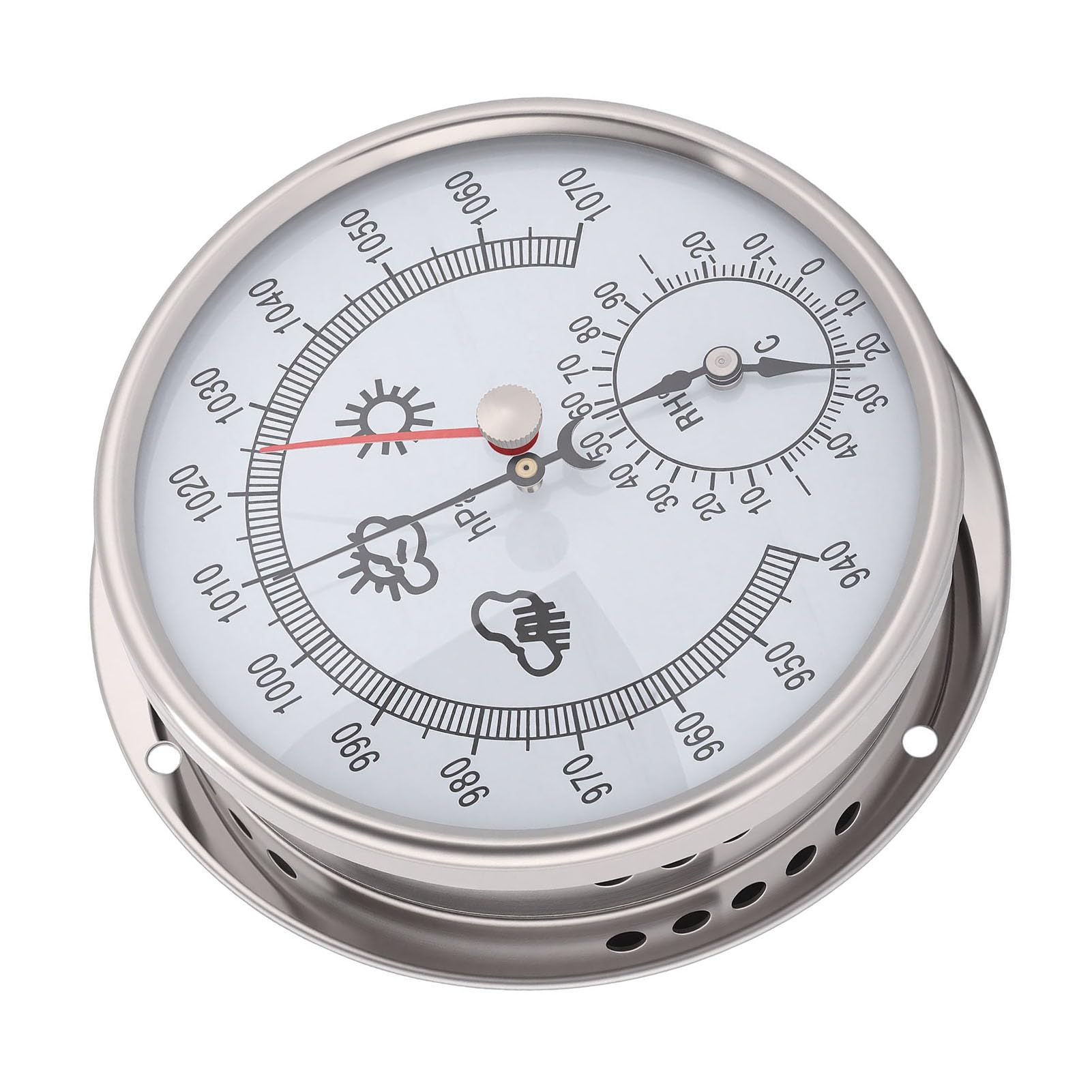 SIXRUN Stazione Meteorologica Igrometro Termometro Barometro in Acciaio Inossidabile Indicatore Meteorologico Analogico da 5,2 Pollici con Movimento Meccanico Quadrante Grande per Interni Ed Esterni