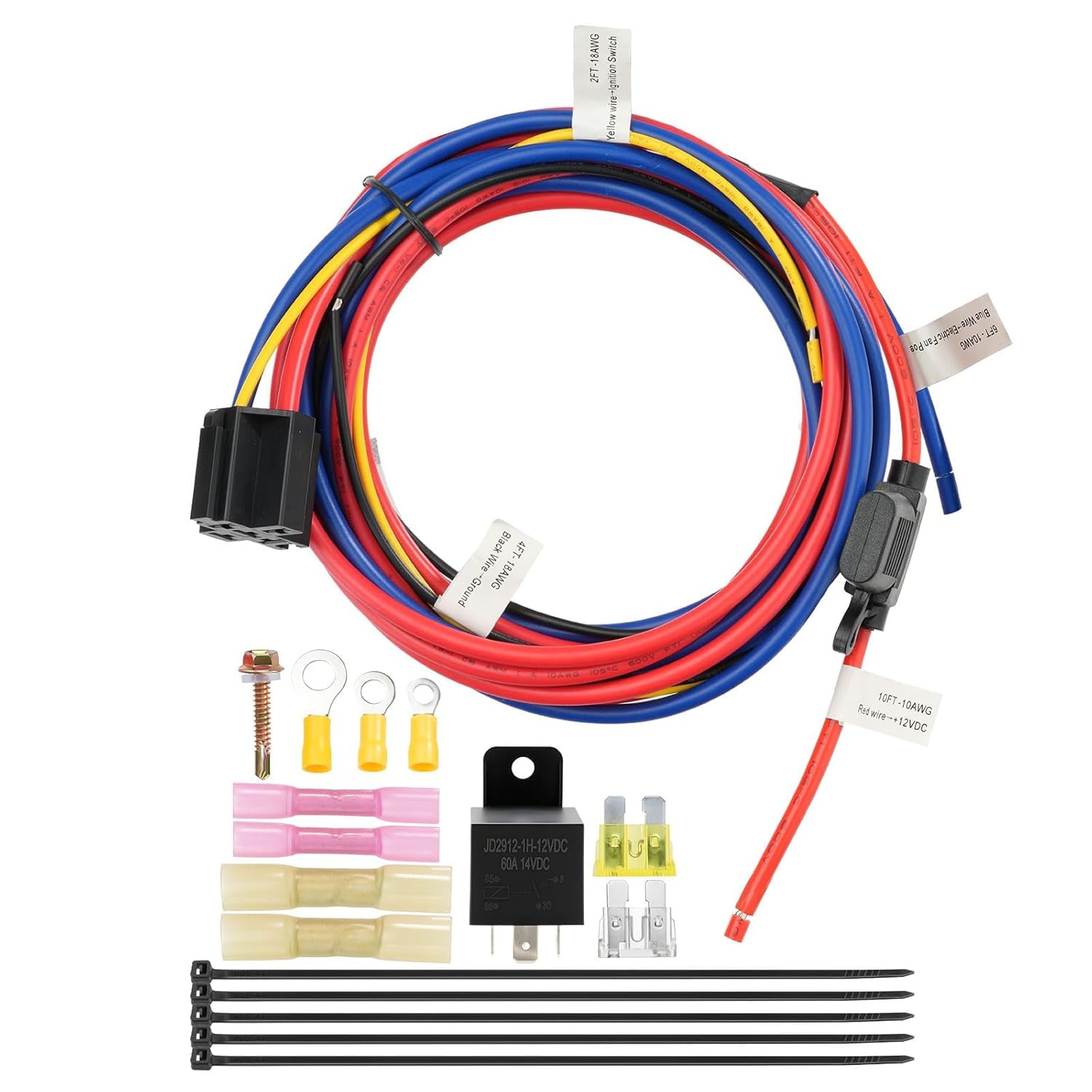 ELFCULB Electric Fuel Pump Relay Kit - 12V 60 AMP Relay with Heavy Duty Wiring Harness, 30A Waterproof Fuse Holder, Universal Wiring Kit with Long Wires
