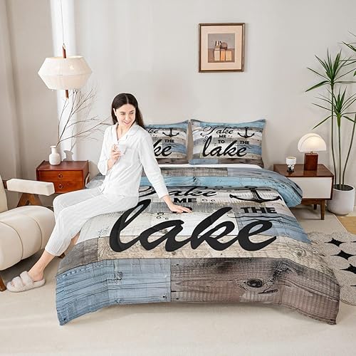 Juego de ropa de cama de cabaña de lago, juego de edredón rústico de 3 piezas, color azul claro, gris, rayas de madera, edredón acolchado para