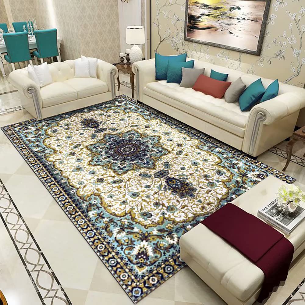 Tapis à poils courts salon chambre motif traditionnel grand médaillon floral vintage