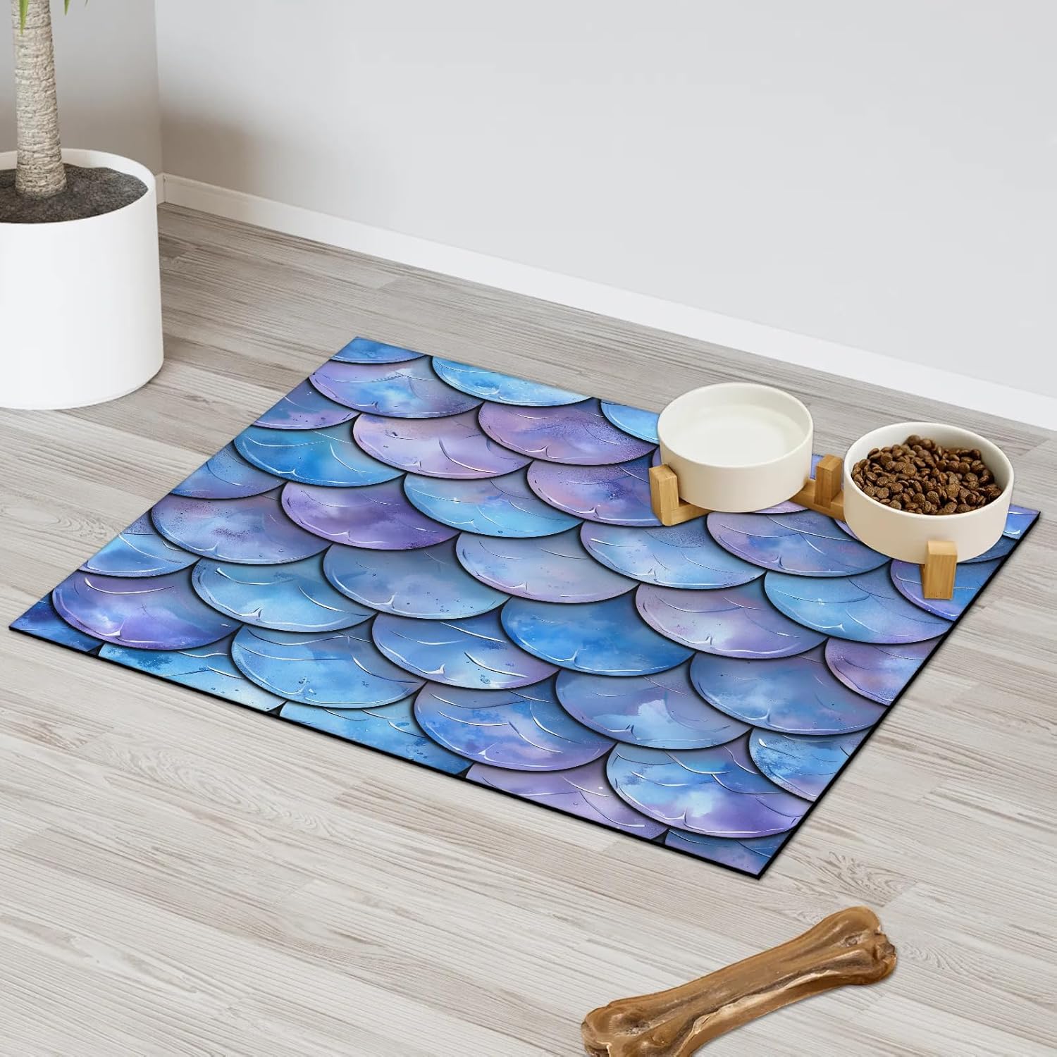 Hexteria Mermaid Scales Dog Cat Food Mat 24 x 32 in Absorbent Leakproof Pet Feeding Mat for Food and Water Bowl Non Slip No Stains Pet Placemat