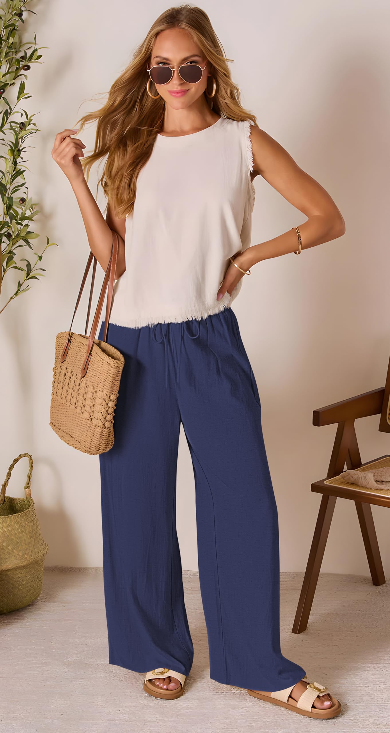 WESTGUY Pantaloni lunghi da donna in lino, a gamba larga, in cotone, con coulisse e tasche
