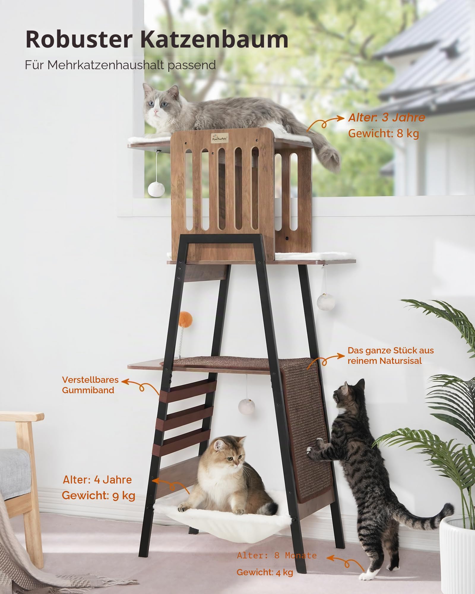 FourFurPets 147 cm Kratzbaum, Kratzbaum Grosse Katzen stabil, moderner katzenbaum für drinnen, hoher Katzenbaum mit Kratzbrett, Katzenturm Holz mit großer Plattform, Höhle, Greige