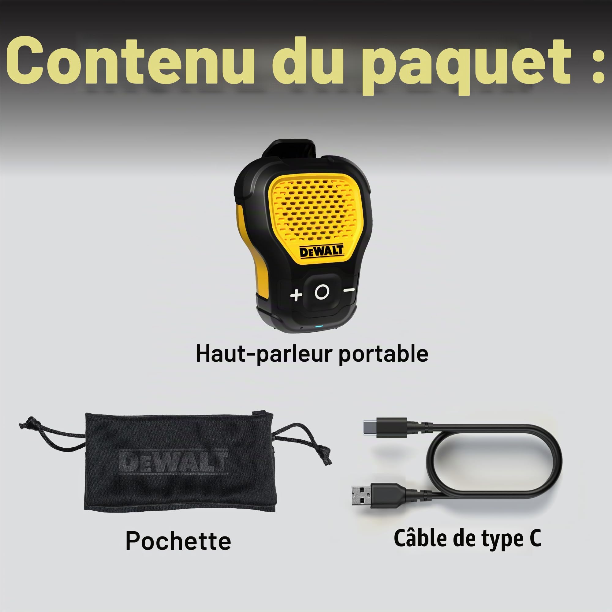 DEWALT Enceinte Bluetooth Portable (Version Mise à Jour), Haut-Parleur Portable sans Fil à Clipser Jobsite Pro résistant à l'eau, Microphone intégré pour Musique/appels Mains Libres, Haut-Parleur