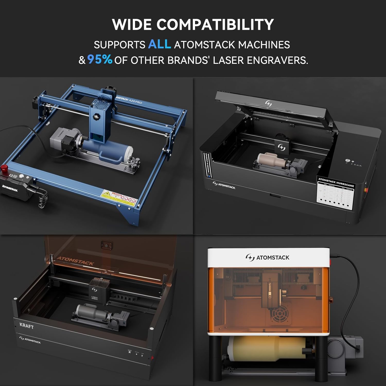 ATOMSTACK R8 Rotary Chuck wide compatibility with various laser engravers