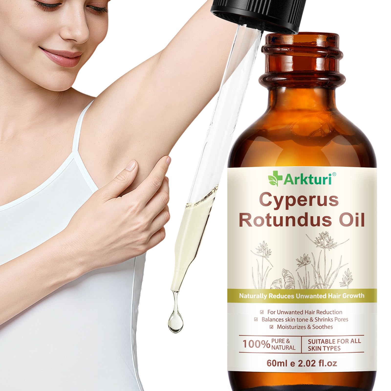 Aceite Cyperus Rotundus Oil, Aceite Depilatorio de Cyperus Rotundus 120ml, Oil Natural para Reducir el Crecimiento del Vello, Eliminación de Vello Corporal, Suaviza la Piel, Inhibidor de Crecimiento