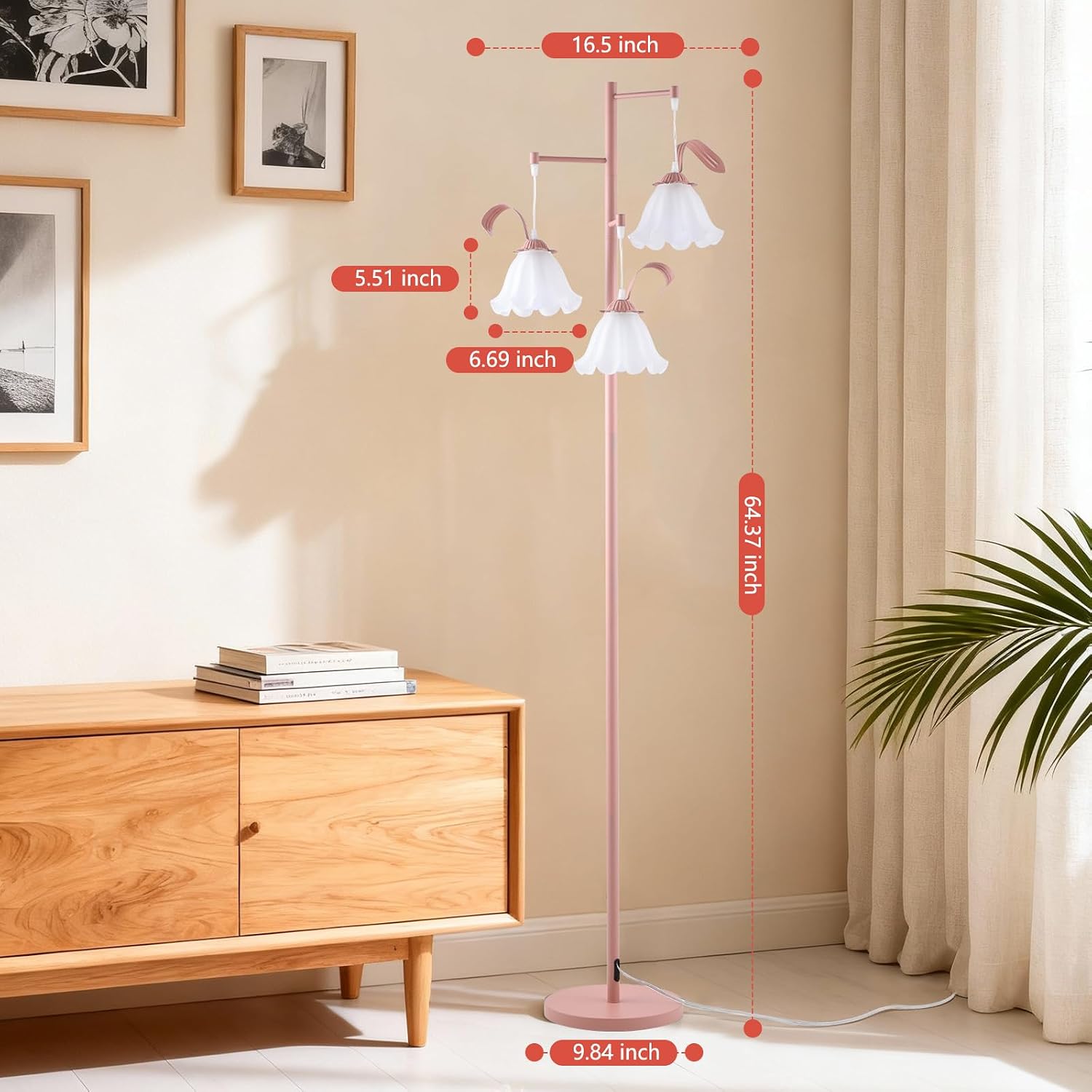 ZidDolk Pink Flower Floor Lamp, Cute Standing Lamp with Glass Shade, Kids Floral Tall Lamp with Foot Switch, 3 Light Lotus Floor Lamp for Living Room, Elegant Corner Lamp for Girls Bedroom Reading