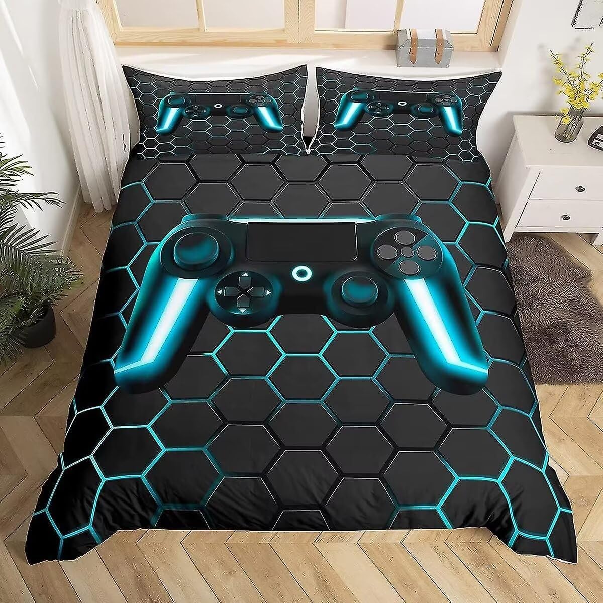 Tabeskly Boy Black Blue Gaming Bedding Duvet Cover Set Single