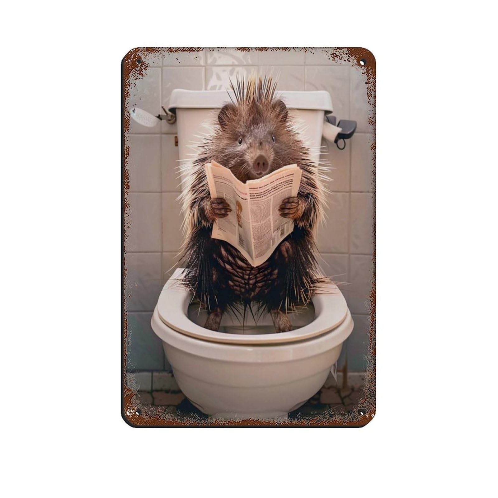 Porcupine Sitting on The Toilet Reading A Newspaper (14) Tin Sign Vintage Metal Pub Club Cafe Bar Home Wall Art Decoration Poster Retro 8x12inch(20x30cm)