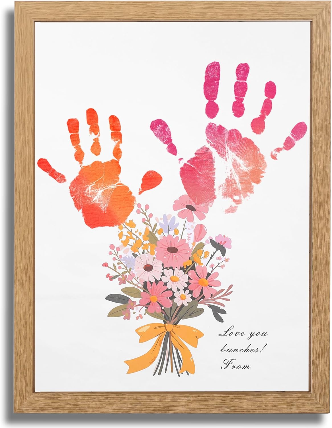 Bixinyo Flower Bouquet Handprint Kit, Mother's Day Gifts for Grandma, Mom, Grandparents from Daughter/Kids, Unique Gifts for Birthday Christmas, DIY Art Craft 12" X 16" Frame (Bow, Brown)