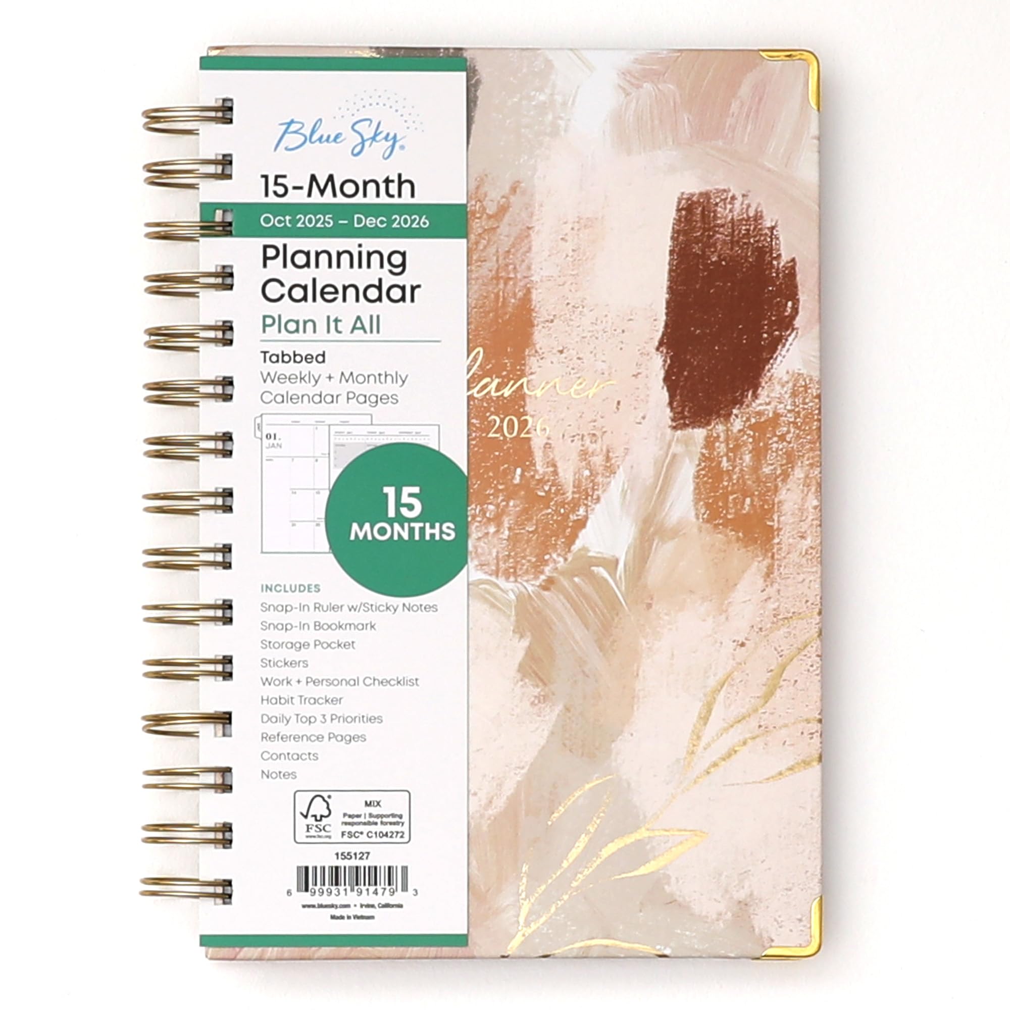 Blue Sky 15 Month 2026 Weekly and Monthly Planner Calendar, October 2025 - December 2026, 5" x 8", Hard Cover, Durable Twin Wire Binding, Laminated