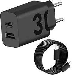 Kit Carregador Turbo 30W Porta Dupla (USB-C + USB-A) + Cabo USB Tipo C de 1m, Compatível com Celulares Samsung, Motorola, iPhone 15/16, Xiaomi, Tablets, Notebooks