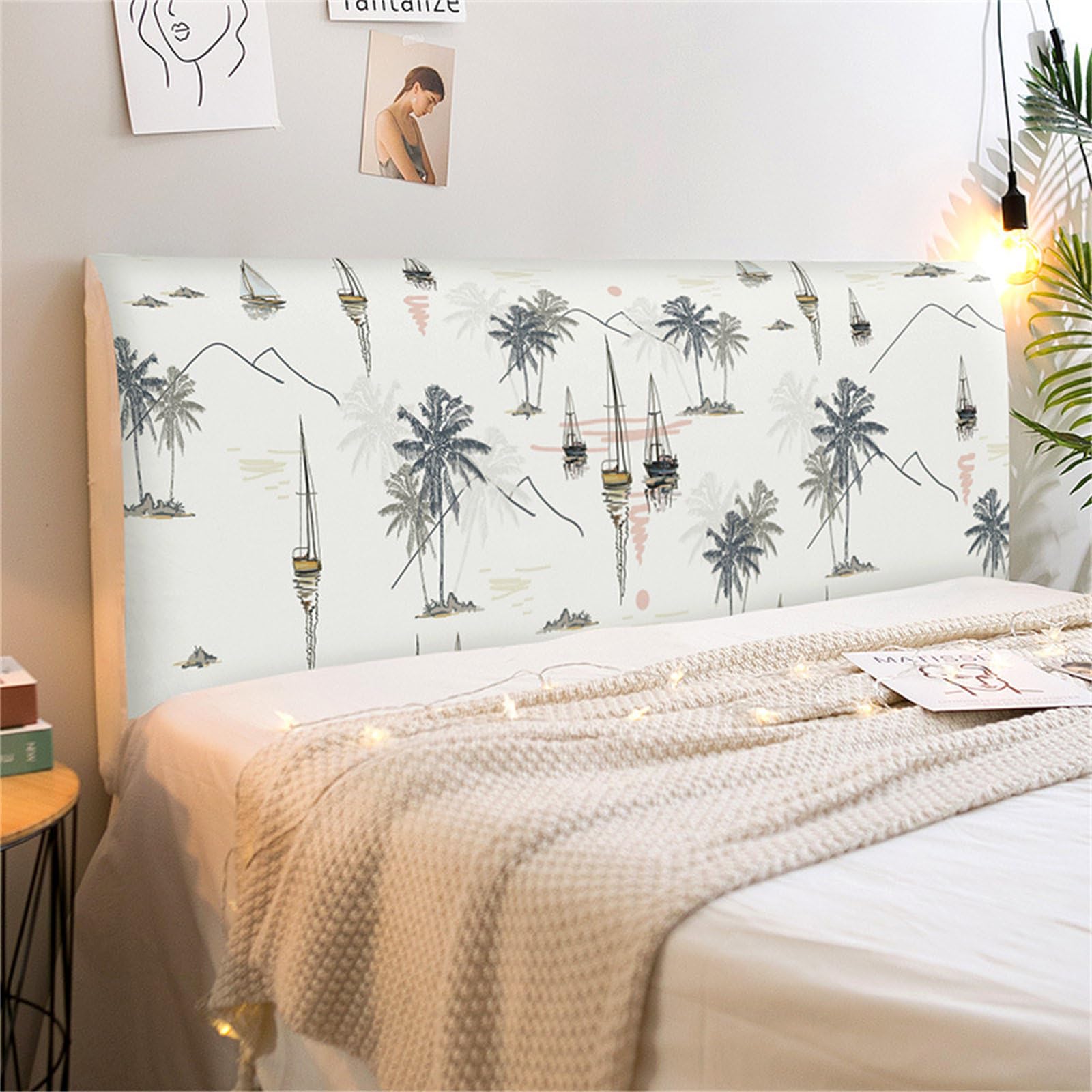 Chickwin Bed Headboard Cover, Cute Anime Headboard Covers Modern All-Inclusive Bed Headboard Covers Universal Stretch Bed Head Cover Elastic Bed Headboard Slipcover (190cm,Palm tree)