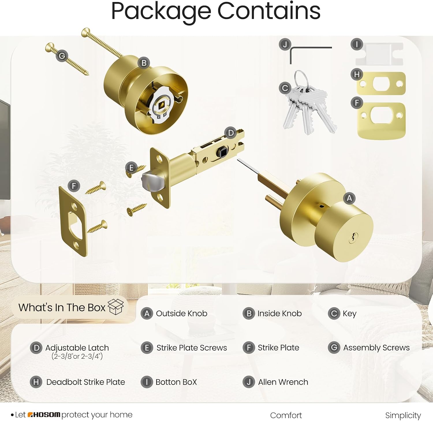 HOSOM Gold Door Knobs with Lock and Key, Keyed Entry Door Knob Interior, Exterior Door Lock for Bedroom and Bathroom, Round Door Handle with Key for Commercial and Residential Area, Satin Brass 1 Pack