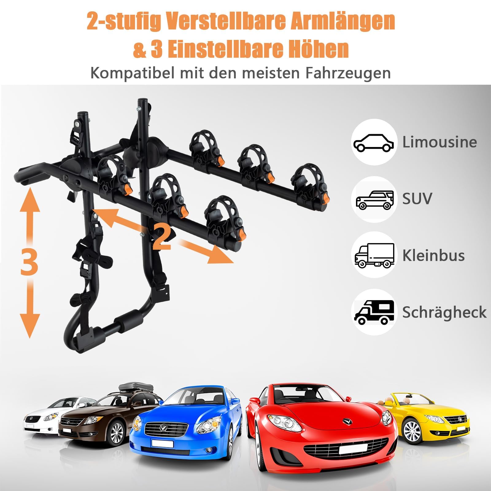 COSTWAY Kofferraum Fahrradträger für 3 Fahrräder, Heckklappenfahrradträger klappbar mit Verstellbarer Länge, Höhe & Winkel, Heckklappenträger bis 45 kg, für Autos, LKWs, SUVs & Minivans
