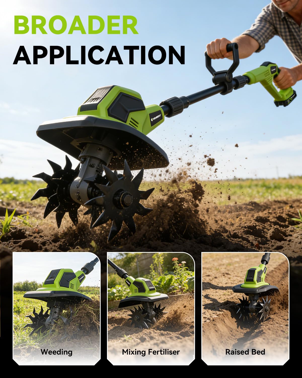 Timón inalámbrico con 2 baterías de 2.0 Ah, rotavator de jardín con 4 juegos de cuchillas de acero, 23 cm de ancho y 17 cm de profundidad, cultivadores para deshierbar, cultivo de suelo y