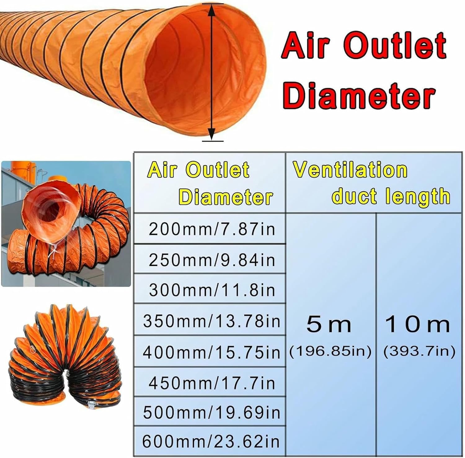 Flexible Exhaust Fan Ducting Hose, PVC Ducting for Fan Diameter 250mm 350mm 500mm, Flexible PVC Air Exhaust Hose with Adjustable Ropes