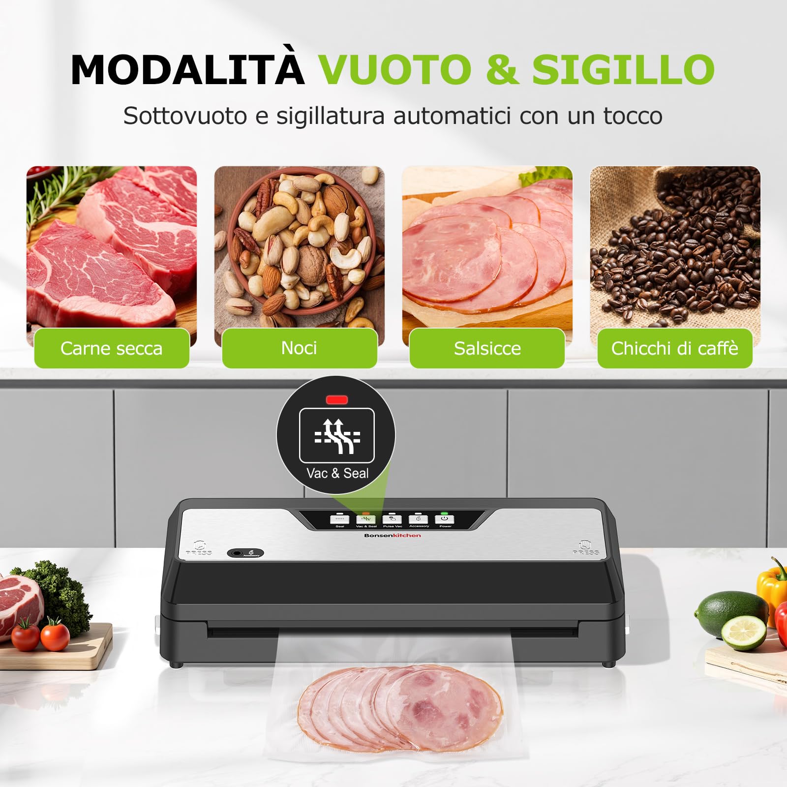 Bonsenkitchen Macchina Sottovuoto Alimenticon Taglierina Integrata e Vano Porta Sacchetti per Cottura Sous Vide e Preparazione Pasti | 4 Modalità | 1 Rotolo di Sacchetto e 5 Sacchetti, Nero