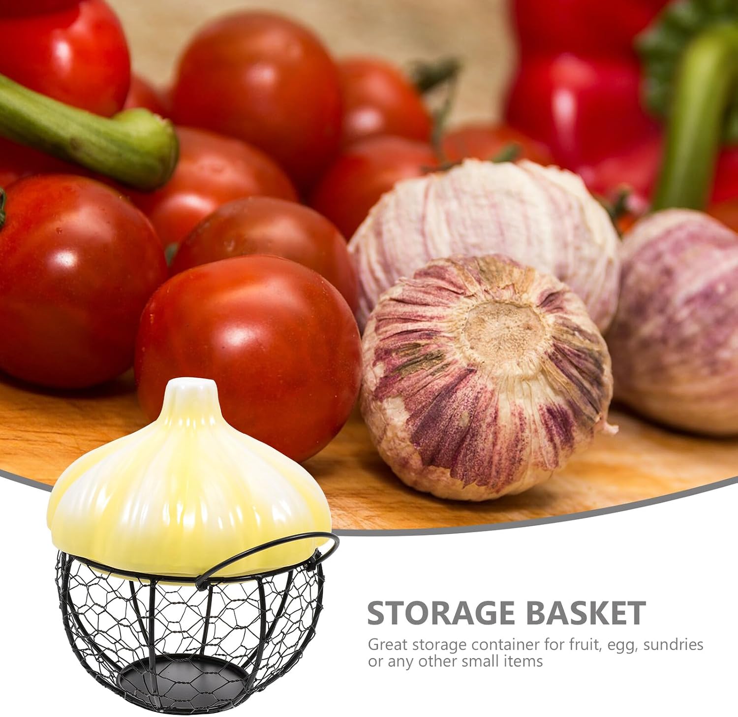 Ceramic Egg Basket with Iron Breathable Wire Frame, Small Yellow Garlic Storage Container, Decorative Countertop Holder for Fresh Eggs and Ginger