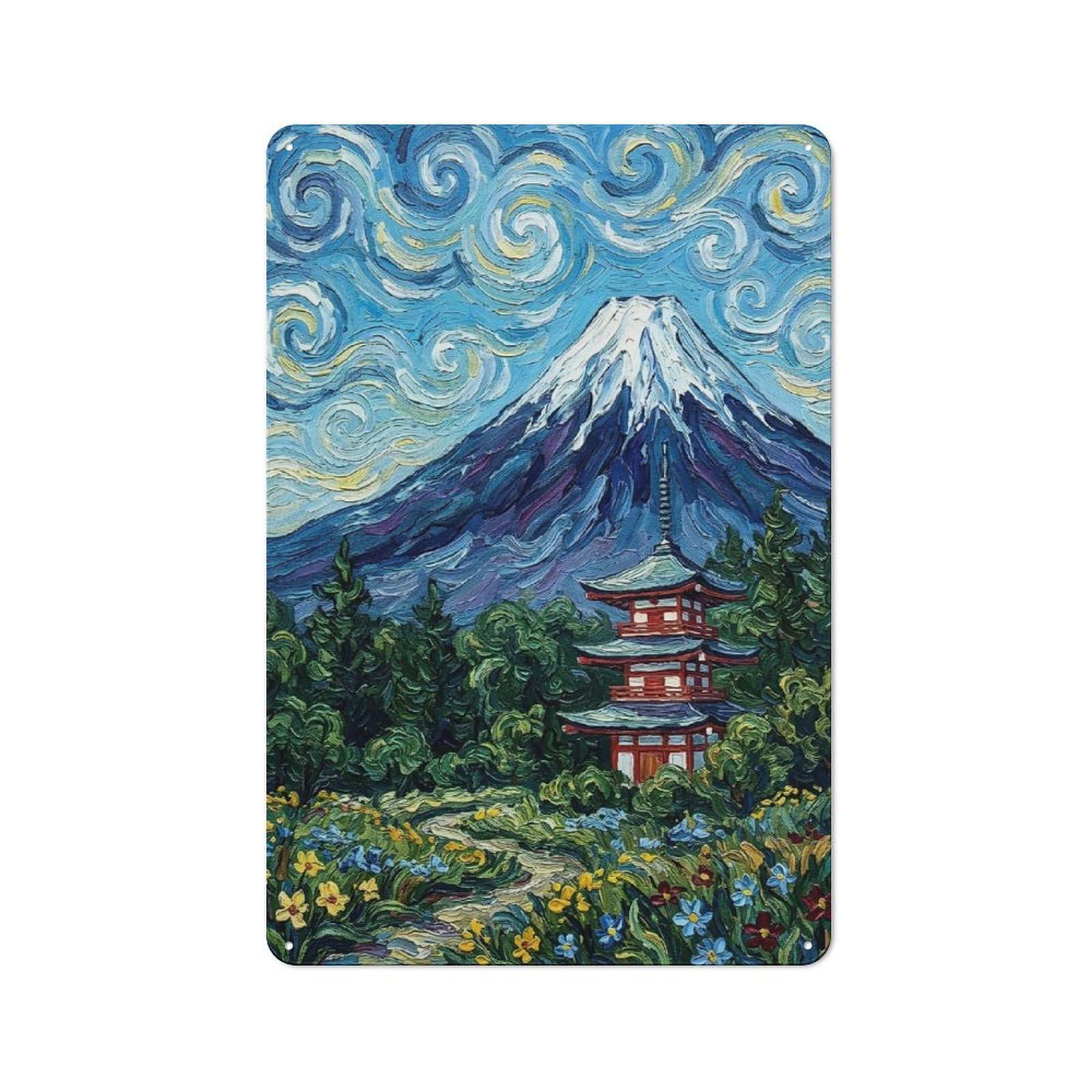 Junmoney Style Metal Plaque 30X20cm With Mount Fuji And Pagoda Painting For Pub Or Café, Vintage Decor, For Metal Sign Collectors, For Vintage Wall Decor Fans