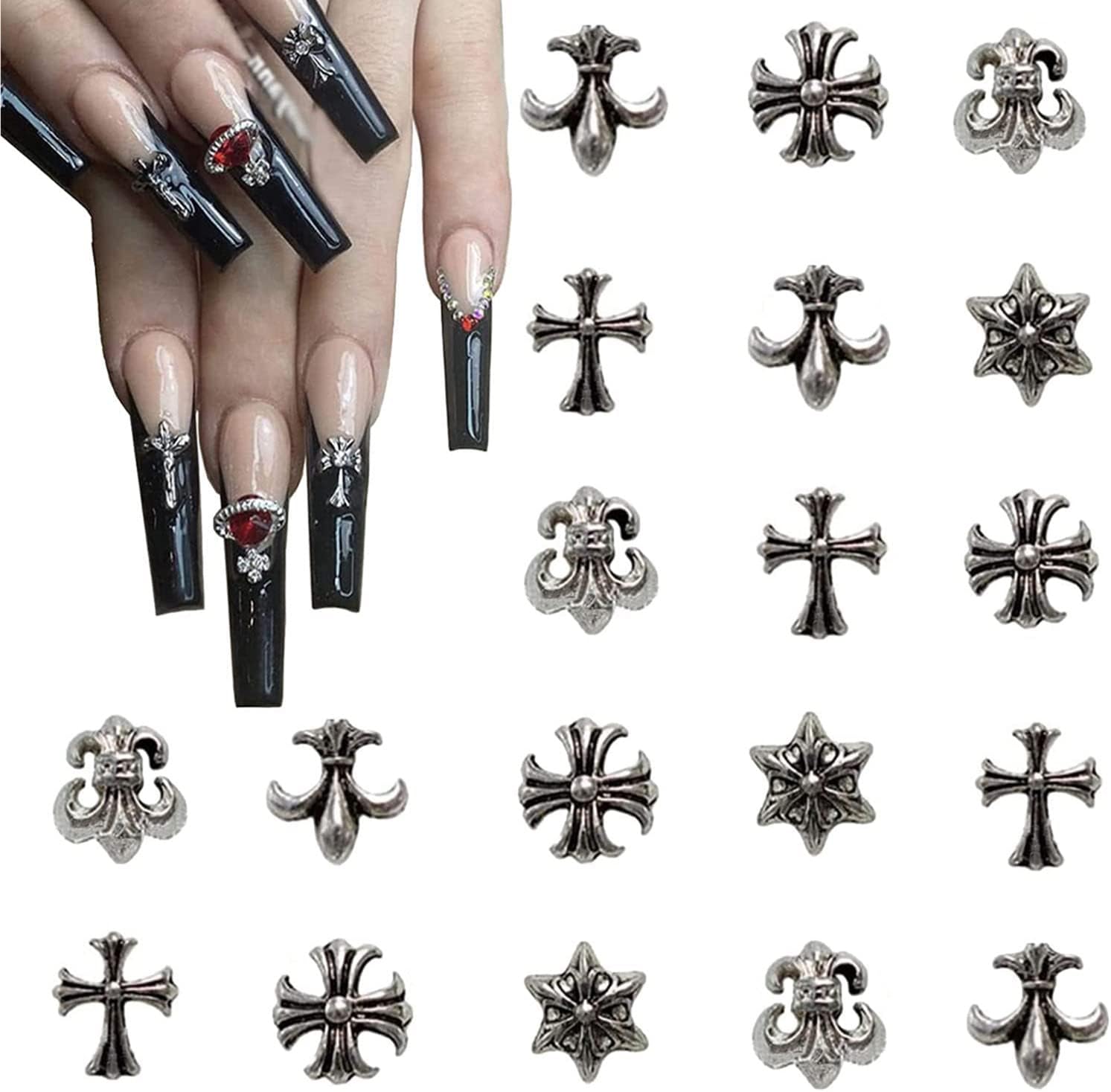 100 Pcs 3D Nail Charms Vintage Silver Metal Chrome Heart Cross Nail Art