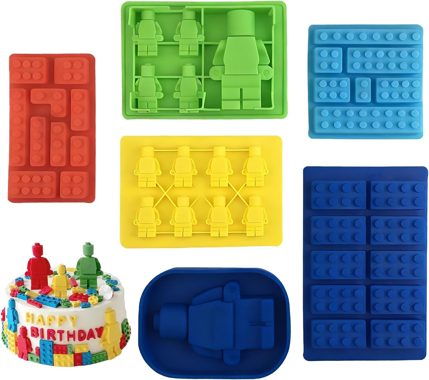 6Pcs Cake Topper, Building Block Themes Silicone Moulds, Building Bricks Multi-Size Candy Moulds Robots Figures Mould for Candy Ice Cube Chocolate Baking