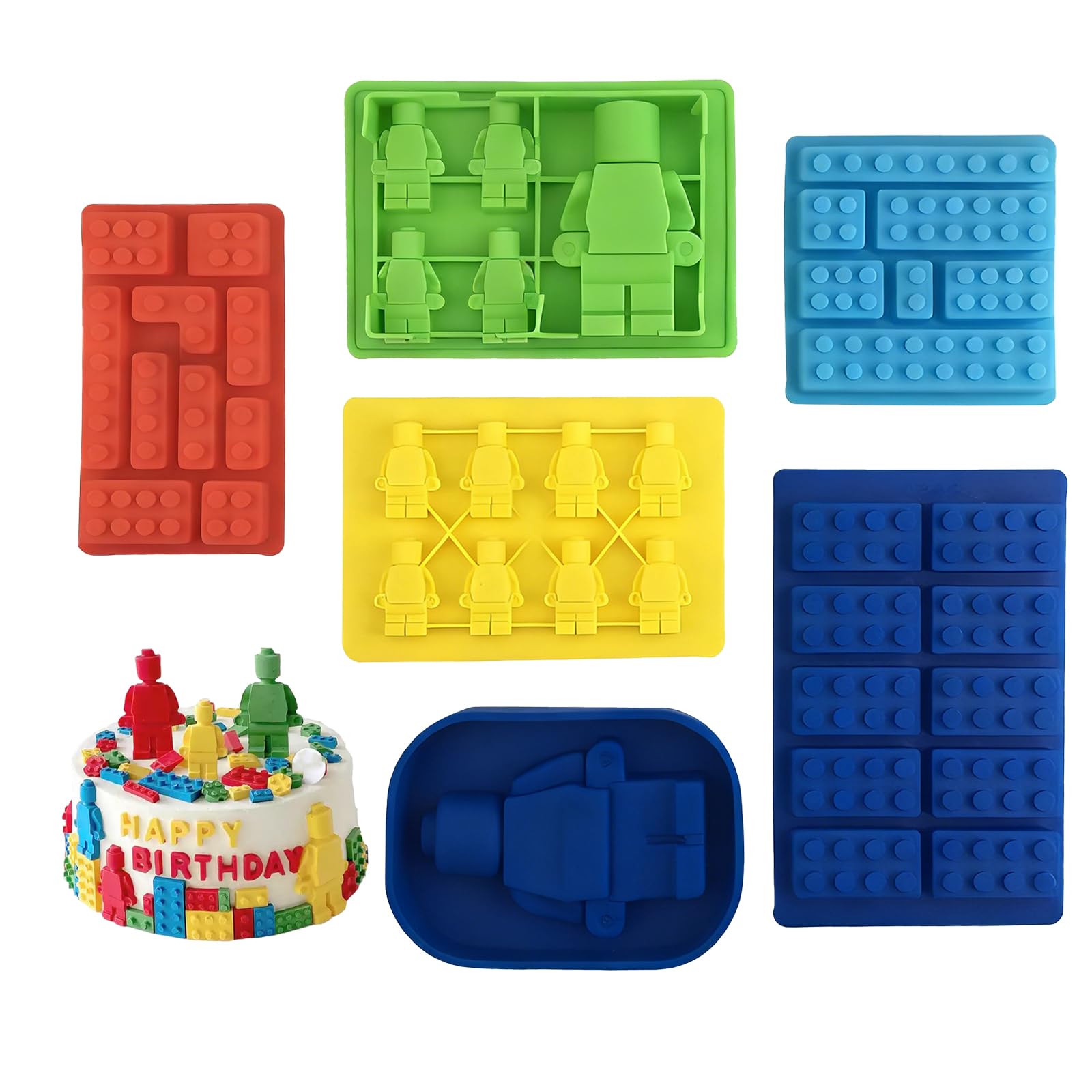 6Pcs Lego Cake Topper, Building Block Themes Silicone Moulds, Building Bricks Multi-Size Candy Moulds Robots Figures Mould for Candy Ice Cube Chocolate Baking