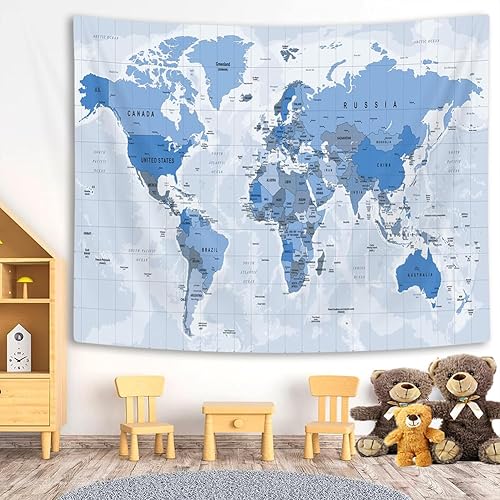 Miniatura 5 de Tapiz azul con mapa del mundo antiguo, tapiz colgante de pared para niños y estudiantes, tapiz vintage de Asia Europa, América, África, Japón,