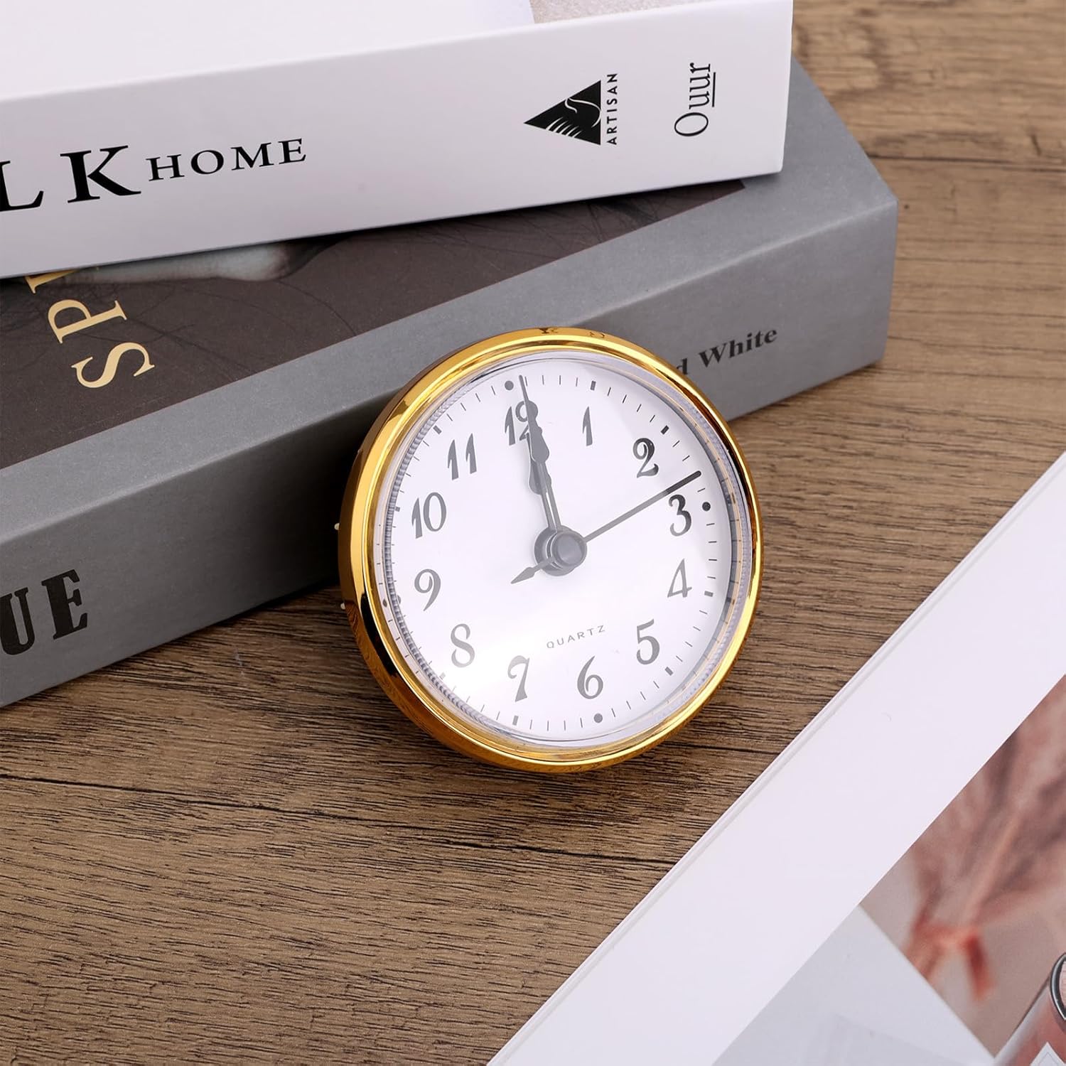 Round Quartz Clock Insert, 2.8 Inch Mini Quartz Movement Miniature Clock Face Arabic Numerals Insert Replacement (Gold Trim)