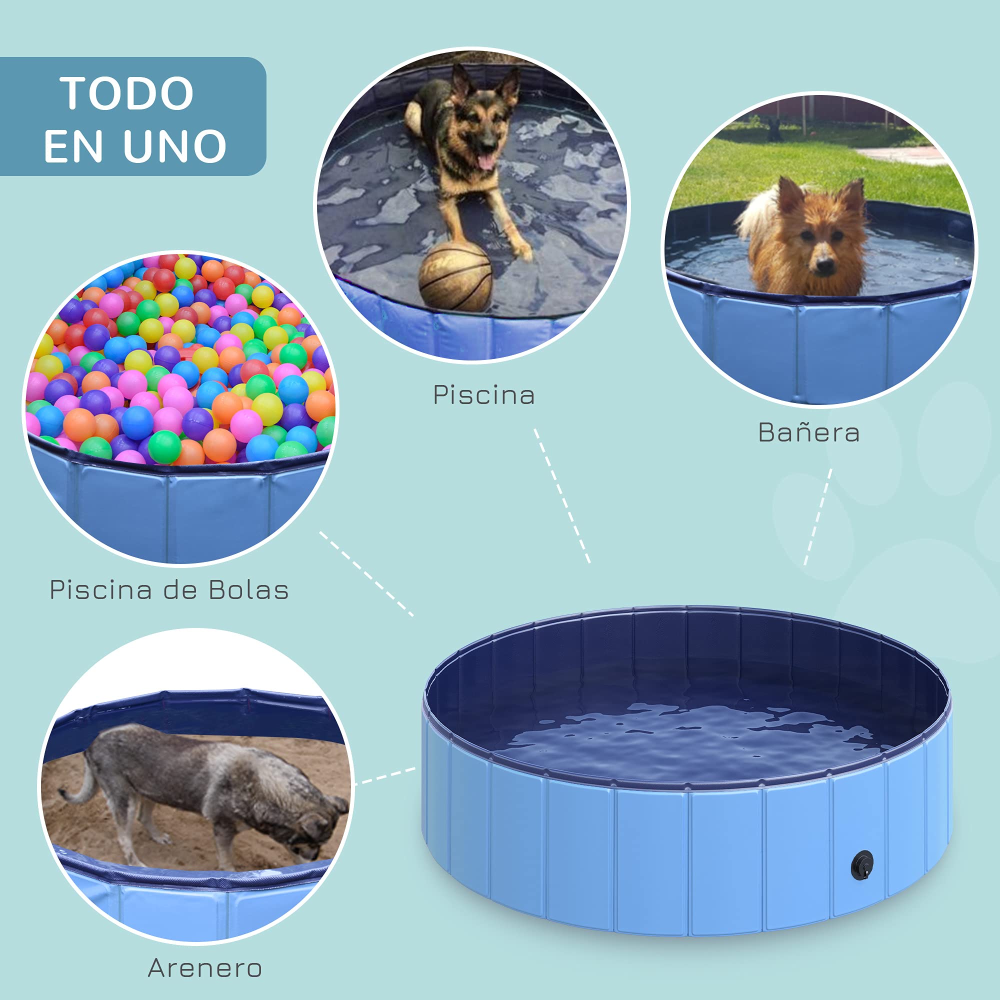 Pawhut Piscina Plegable para Perros Gatos Bañera Portátil para Mascotas PVC Antideslizante Múltiples Usos para Interiores y Exteriores Ø120x30 cm Azul