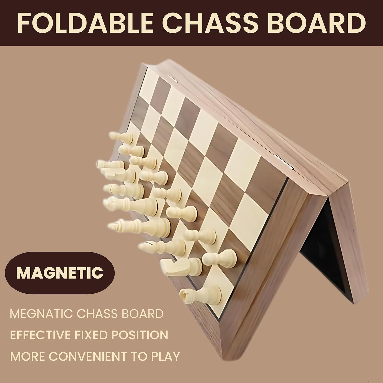 AS Chess Board for Adult | Wooden Walnut Chess & Checkers Set - Chess Board Game | Foldable -15 Inch - 2 Extra Queens | Magnetic Chess Game with Storage Slot | Travel Unique Portable (Walnut 15 inch)