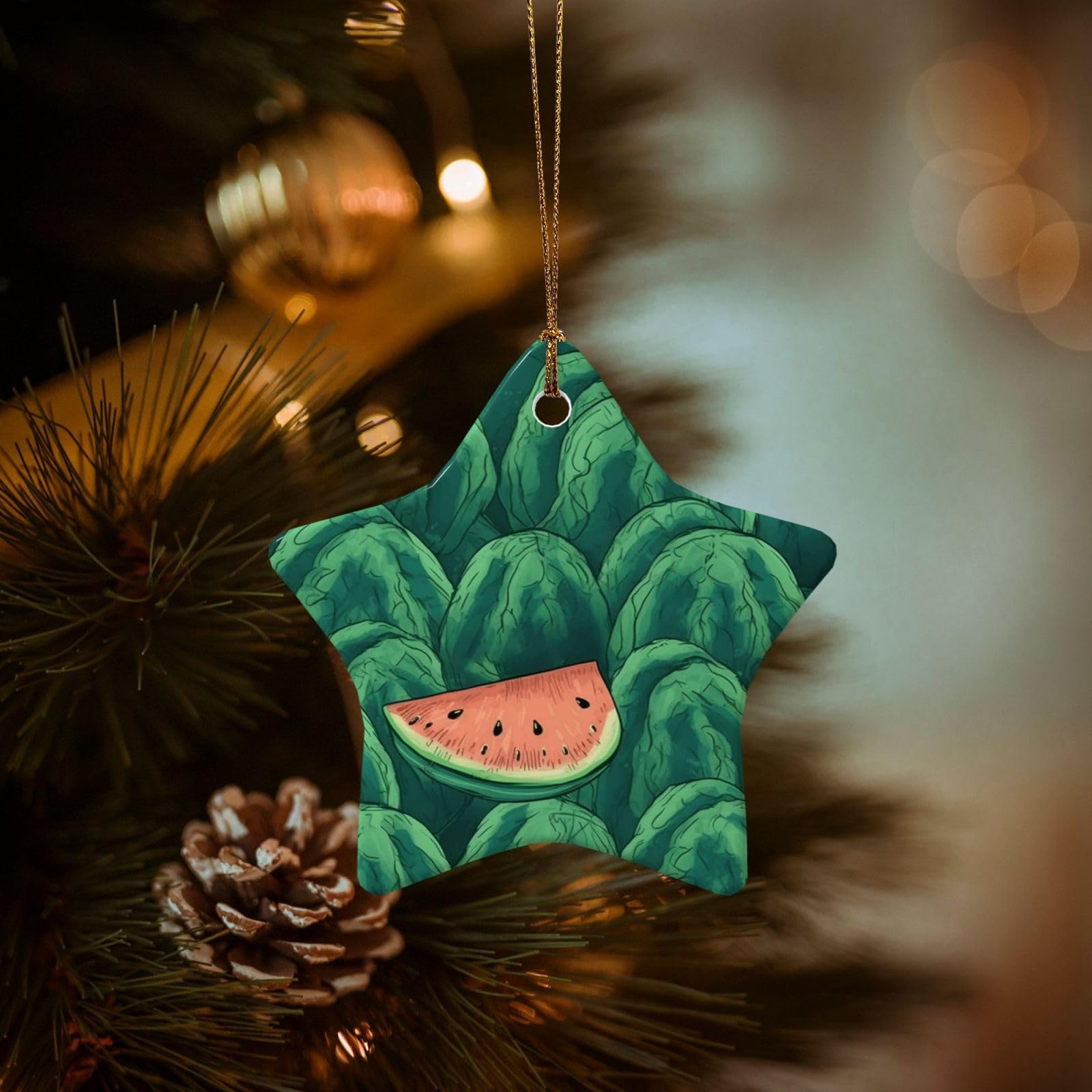 Christmas Tree Ornaments Ceramics Christmas Decorations Green Watermelon Pattern Ornaments with Gold Ribbon Porcelain Xmas Tree Crafts Star Shape Hanging Pendant for Christmas Tree Party Decor