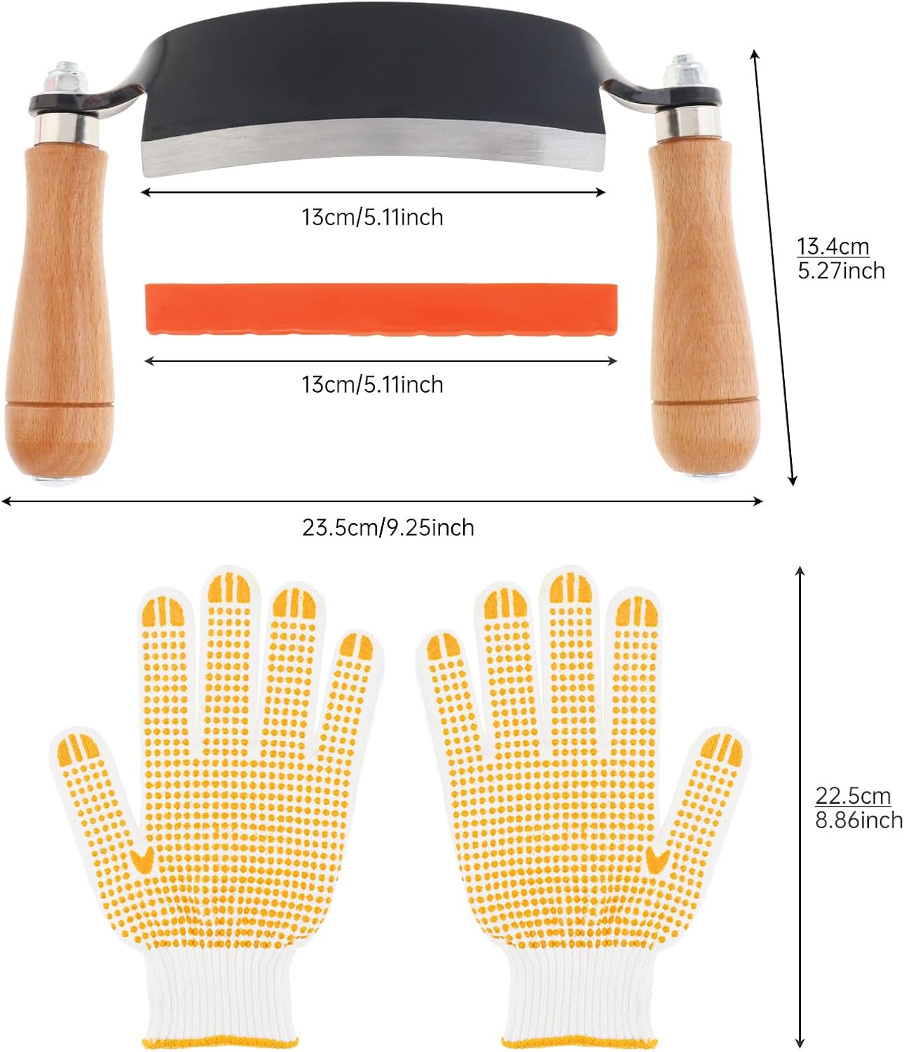 5 Inch Draw Shave Knife, Curved Carbon Steel Debarking Tool, Wood Bark Stripper with Solid Wood Handles, Including Cut Resistant Gloves & Blade Guard for Woodworking, Log Peeling, Furniture Making