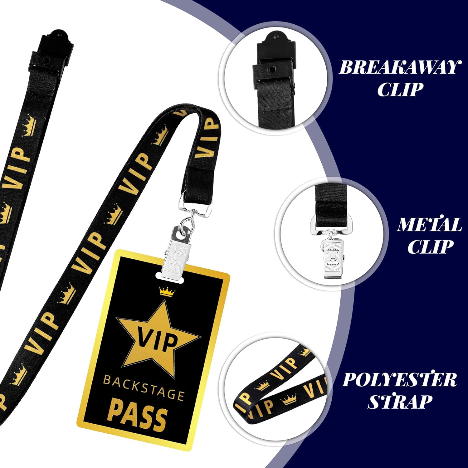 PerKoop 36 Sets VIP Lanyards with PVC Pass Cards Black Breakaway Badge Lanyards for Backstage Music Concert TV Movie Night Award Sport Event Birthday VIP Party Decorations
