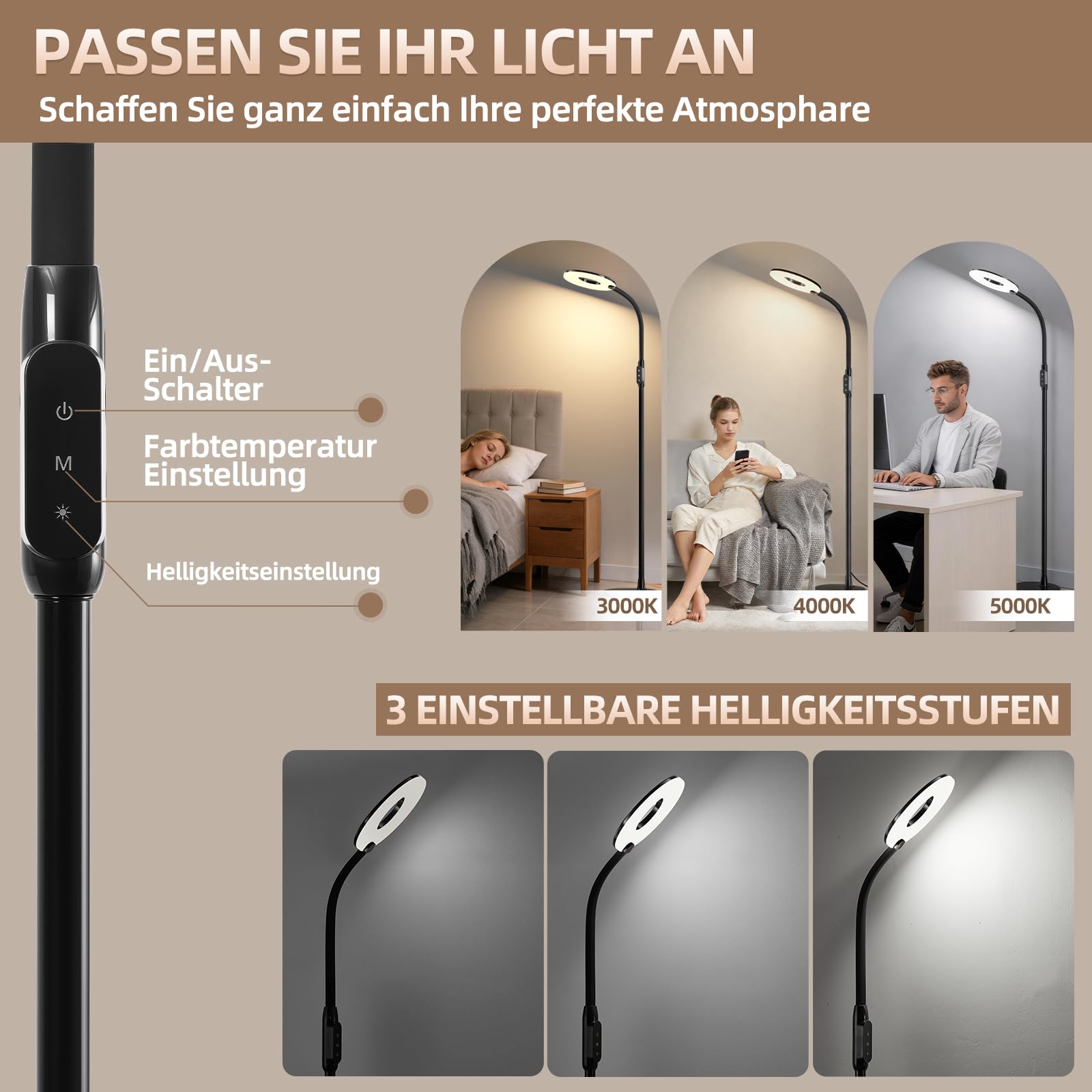 GyroVu Stehlampe Wohnzimmer Schwarz, 176cm Led Leselampe Stehlampe mit Touch-Steuerung, 3000K-5000K Dimmbar Stehleuchte mit Flexible Schwanenhals für Schlafzimmer Büro Wohnzimmer