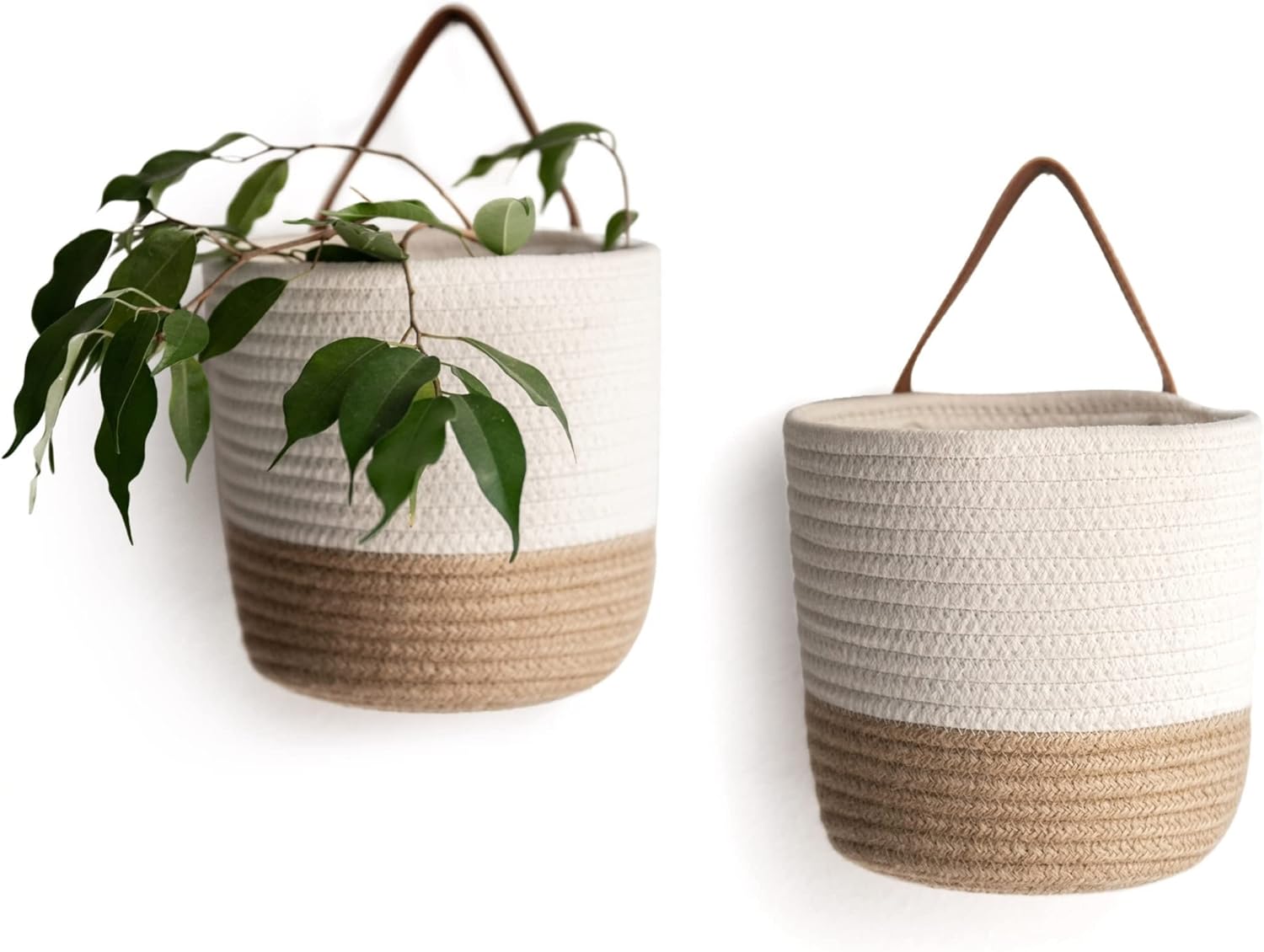 Woven Cotton and Jute Rope Hanging Basket 6.7"x7", Set of 2 - Minimal Design Hanging Wall or Countertop Storage Organizer for Bathroom Items, Office Supplies, Kitchen Utensils, Plants and Toys