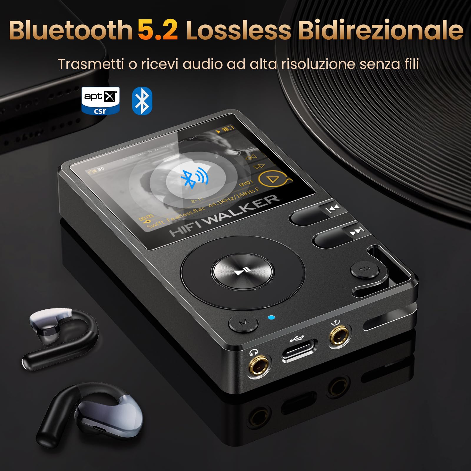 HIFI WALKER H2 Lettore MP3 Hi-Fi, Player Musicale Lossless con SD 64GB Inclusa, DAC ES9018K2M, Bluetooth 5.2 Bidirezionale, Schermo 2.0" con Tasti Fisici, Supporto DSD128, Lega di Zinco