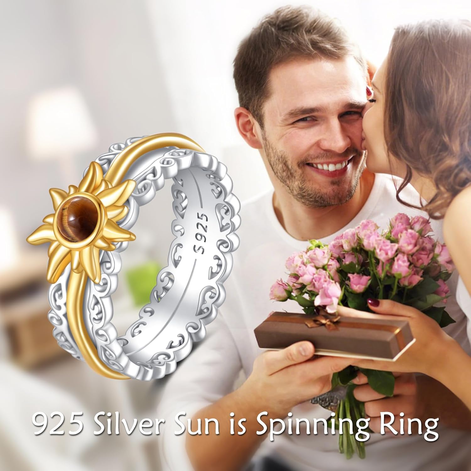 VONALA Gold Plated 925 Sterling Silver Sun Fidget Rings for Anxiety Tiger Eye Spinner Rings for Women Anti Stress Mood Rings Gifts Band Wide - Image 2