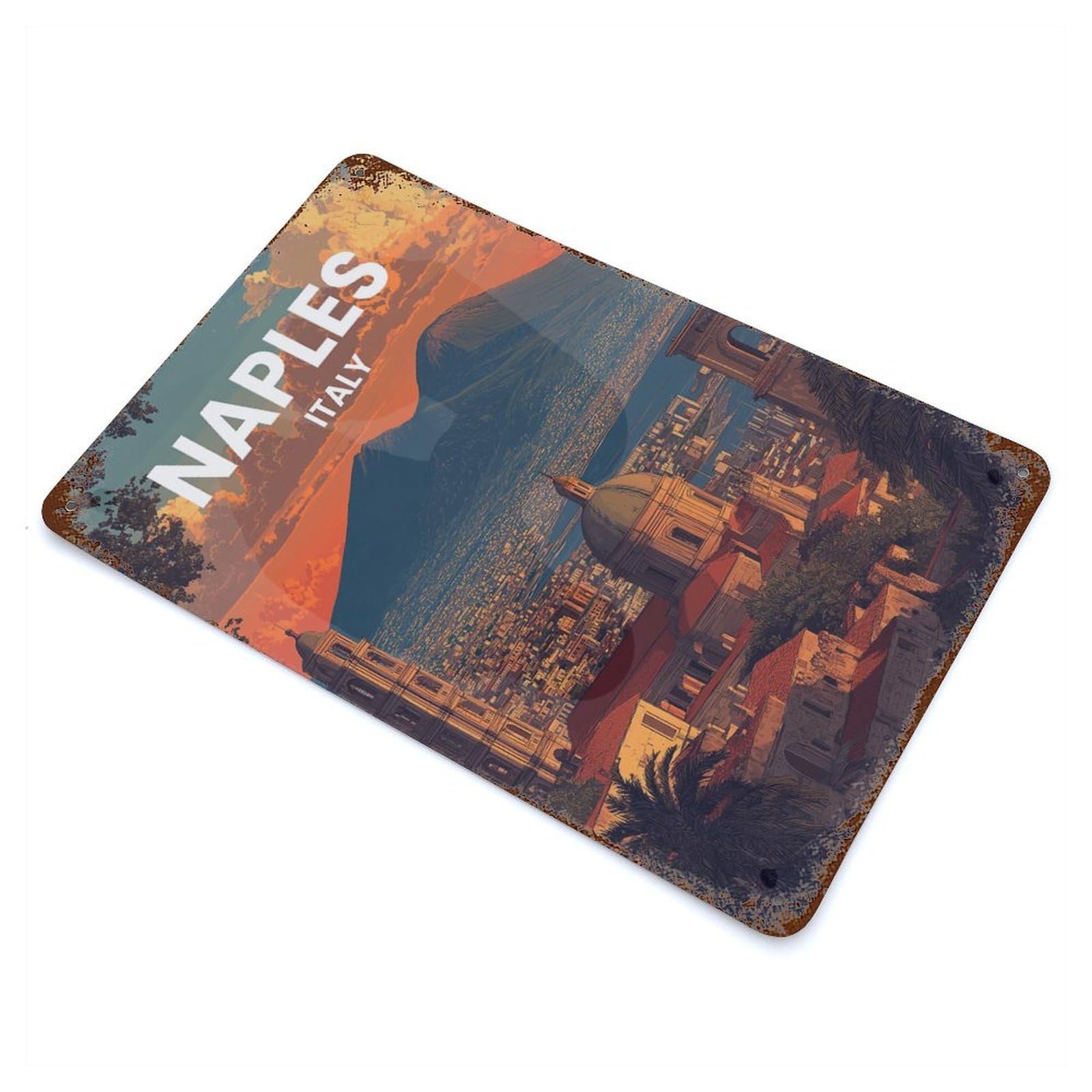 Naples, Italy Cityscape with Mount Vesuvius Retro Metal Sign 11.8"x7.9", Rustic Home Decor for Garage, Pub Or Kitchen