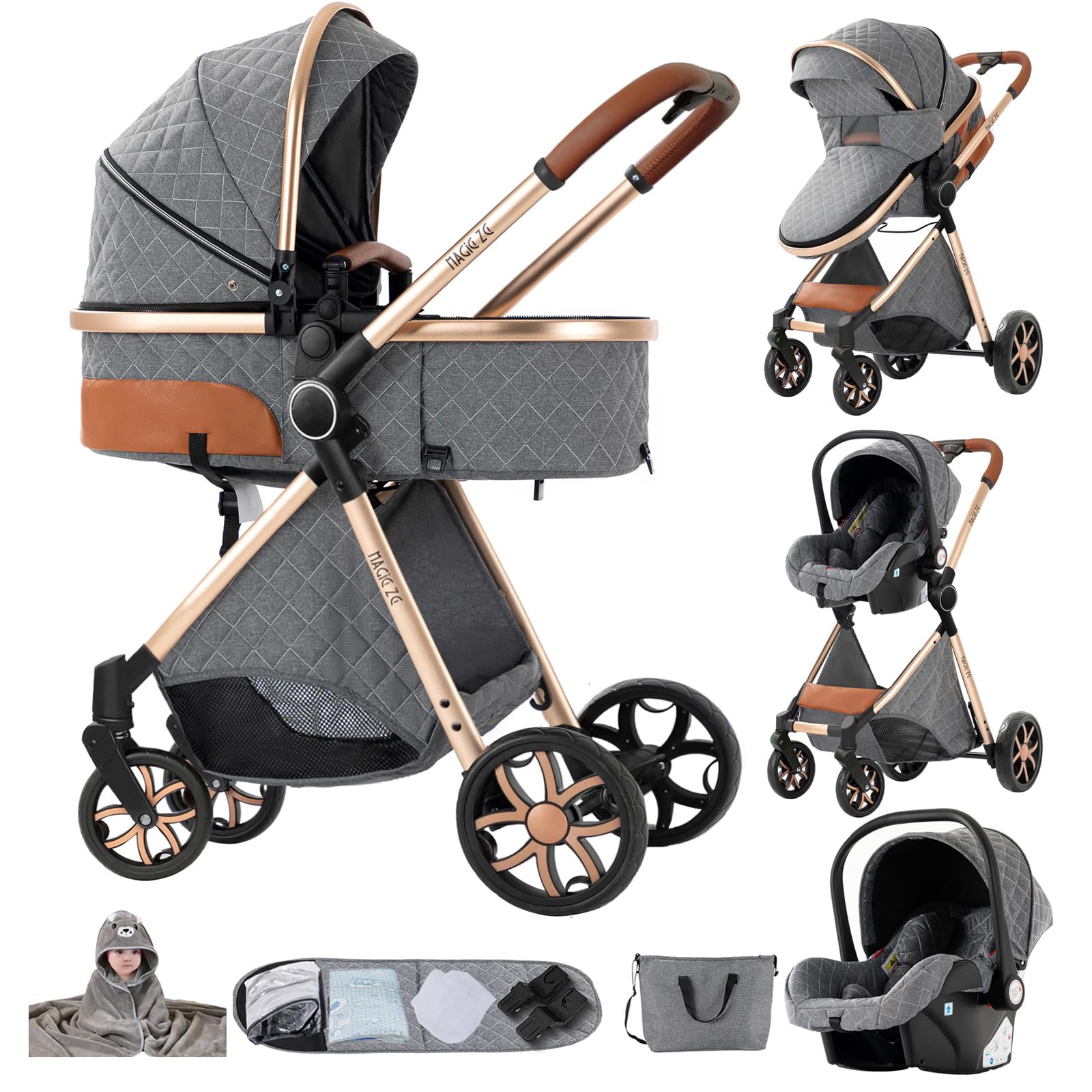 Carrito Bebe 3 en 1, Carrito Bebe con Diseño Portátil Plegable de Un Clic, Carro 3 Piezas Empuje Reversible de Dos Vías, Cochecito Tres Piezas con Accesorios (YV9 Grey)